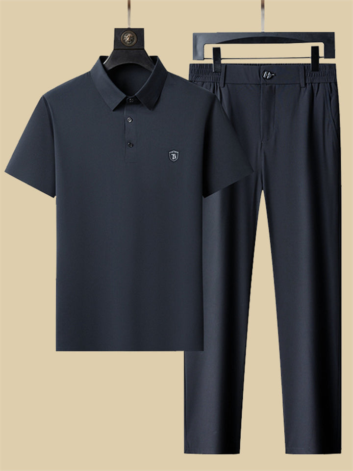 Men's 2Pcs Summer Cool Lapel Short Sleeve Solid Color Outfits