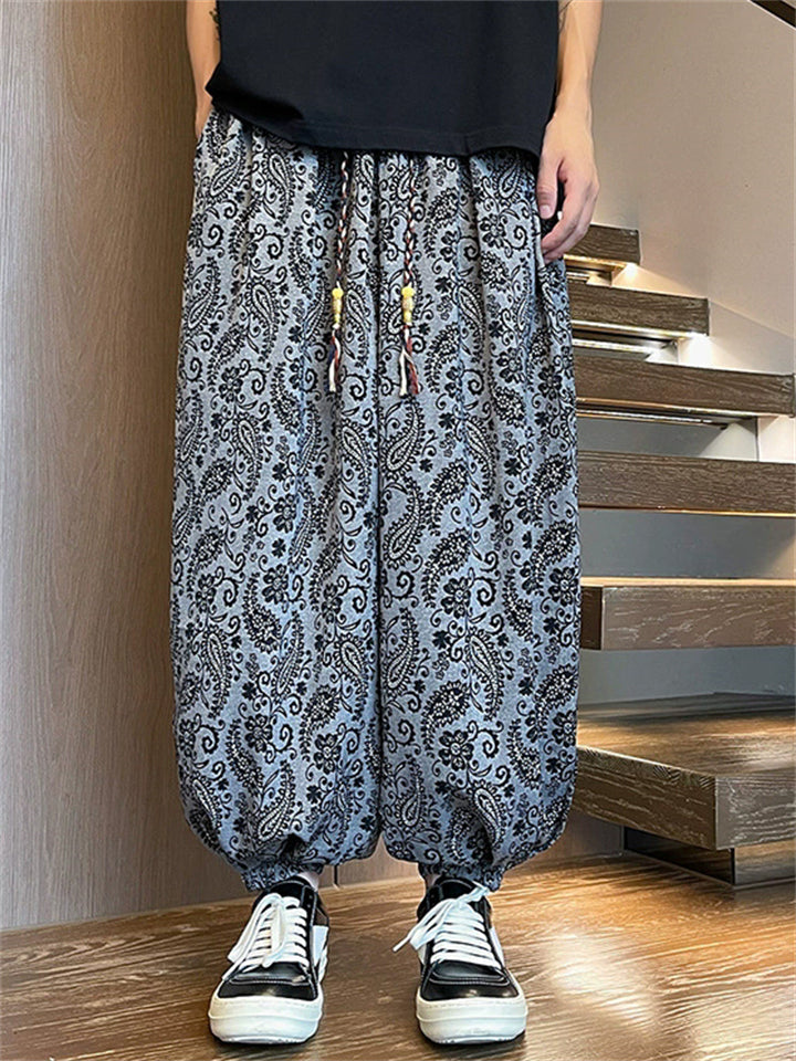 Male's Ethnic Style Plants Printed Cool Drape Wide Leg Pants