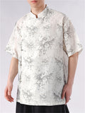 Summer Men's Slant Placket Bamboo Print Short Sleeve Shirts