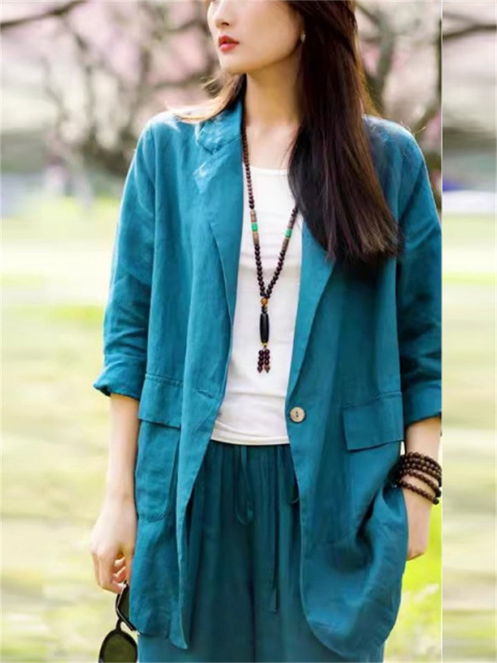 Women's Casual Solid Color Long Sleeve Suit Collar Jacket