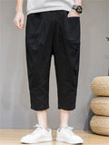 Mens Linen Blend Loose Baggy Cropped Wide Leg Harem Pants with Pockets