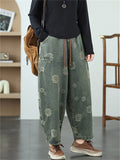 Women's Flower Print Elastic Waist Harem Cropped Jeans