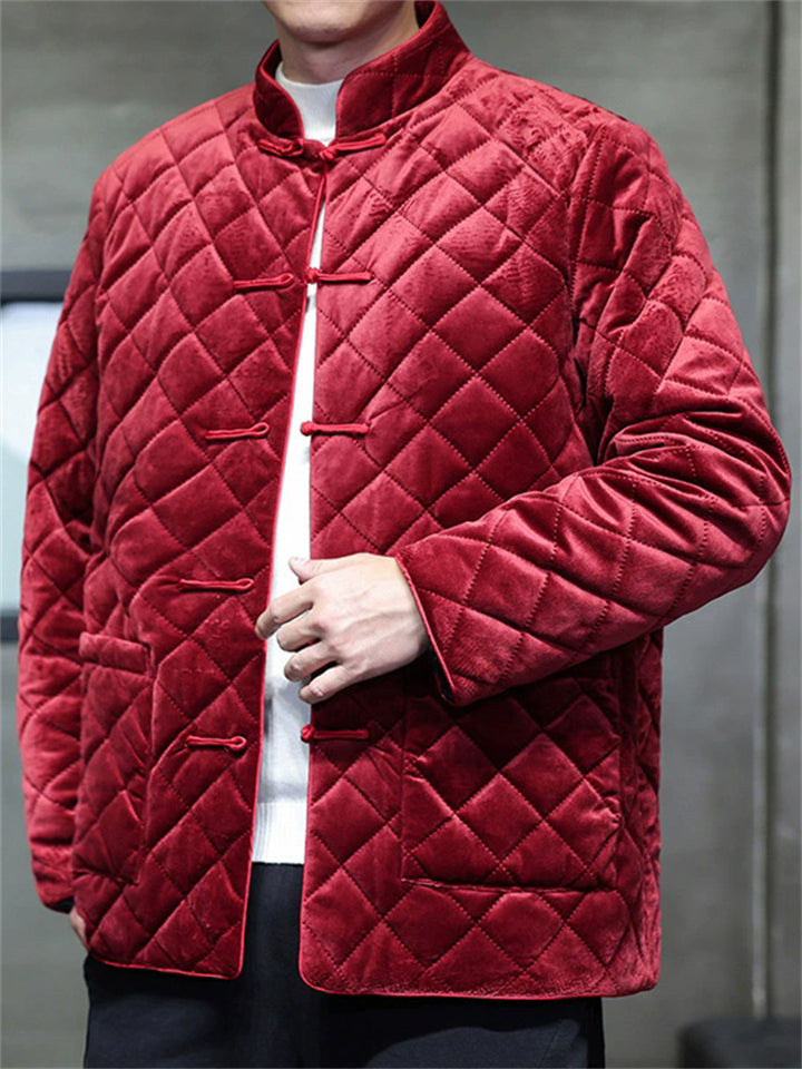 Men's Winter Vintage Solid Color Tangsuit Padded Quilted Coats