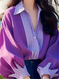 Women's Purple Striped Patchwork Lapel Lantern Long Sleeve Shirts
