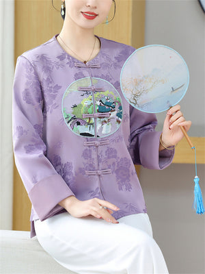 Ancient Style Embroidery Women's Round Neck Silk Jacket