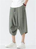 Mens Cotton Linen Striped Harem Shorts Loose Fit Capri
