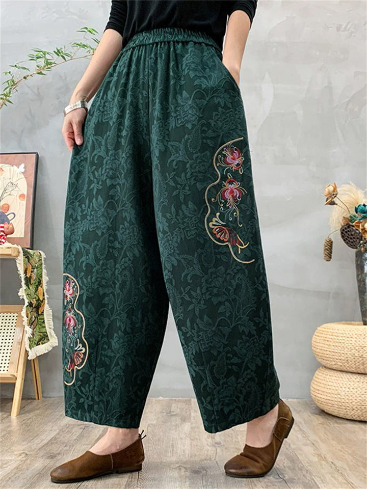 Women's Ethnic Style Floral  Embroidered Elastic Waist Bloomers Pants