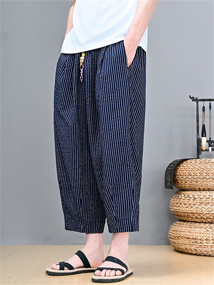 Men Striped Cotton Linen Baggy Wide Leg Cropped Harem Pants