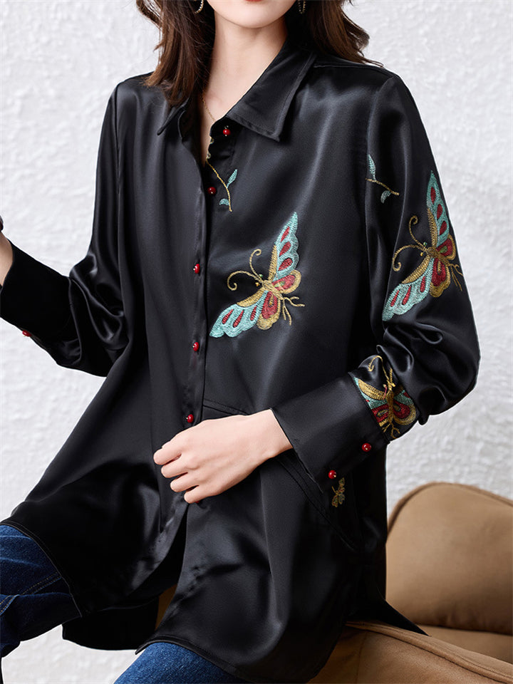 Women's Black Satin Butterfly Embroidered Polo Neck Shirts