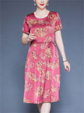 Women's Loose Floral Print Tie-waist O-neck Short Sleeve Dress