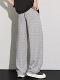 Mens Comfy Breathable Casual Plaid Loose Fit Drawstring Wide Leg Pants