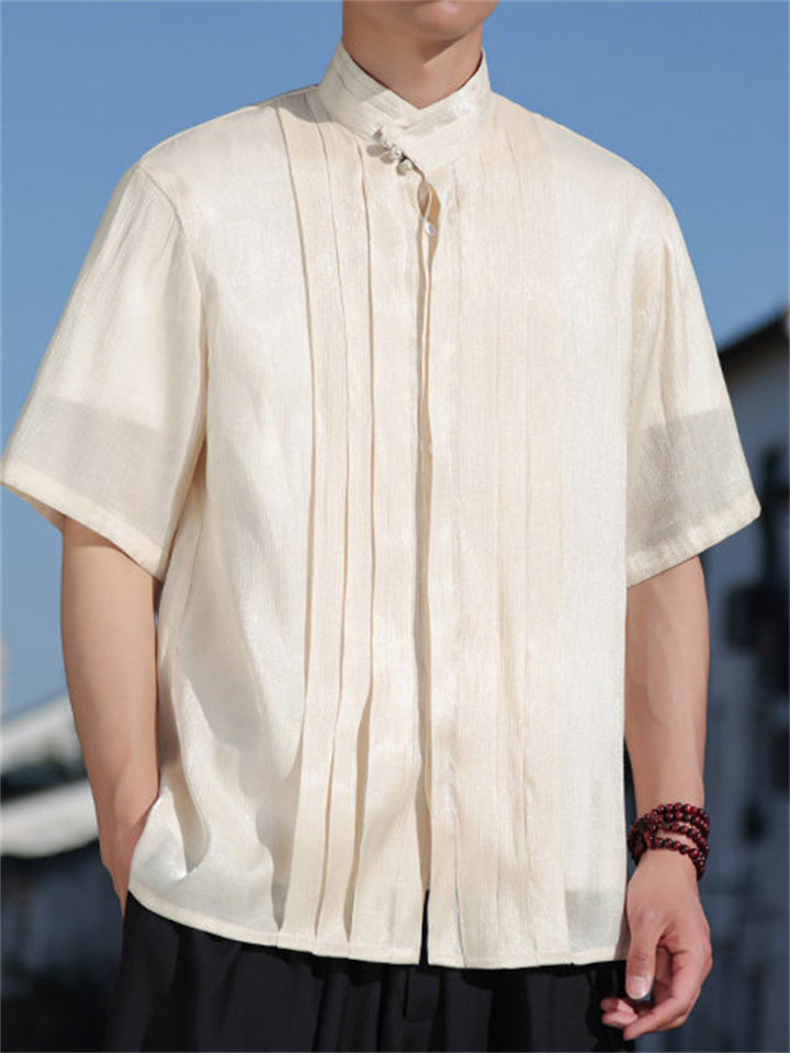 Men's Chinese Style Stand Collar Pleated Short Sleeve Shirts