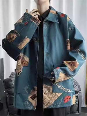 Spring Loose Print Long Sleeve Lapel Jacket for Men
