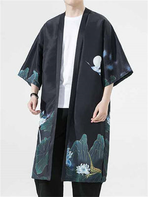 Ancient Style White Crane Moon Pattern Mid-Length Jacket