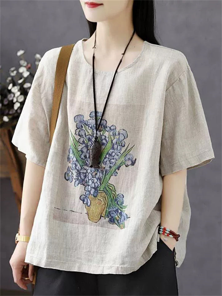 Women's Summer Retro Floral Printed Round Neck Loose Short Sleeve Shirts