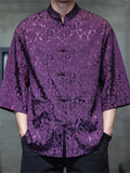 Men's Summer Cool Roses Jacquard Frog Button 3/4 Sleeve Tangsuit Shirts
