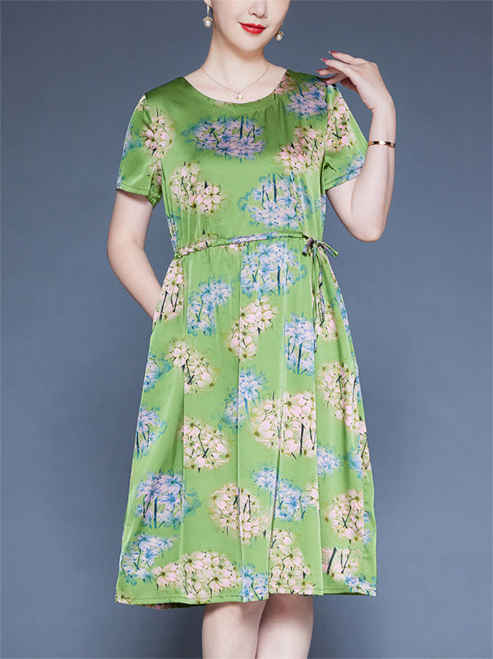 Women's Loose Floral Print Tie-waist O-neck Short Sleeve Dress
