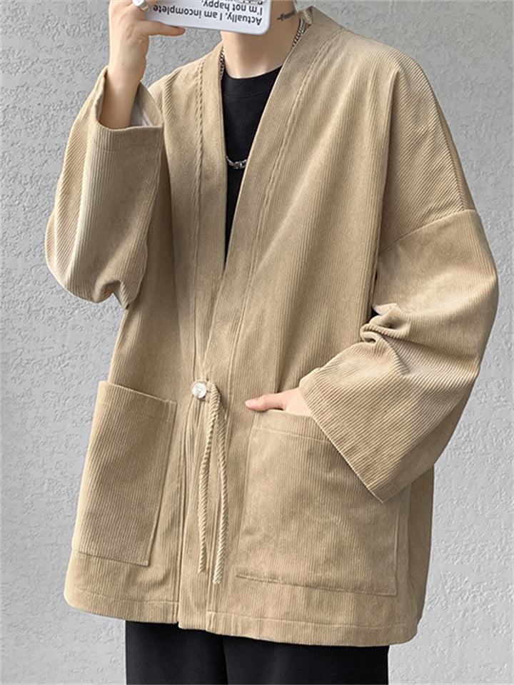 Retro Men's Solid Color Loose Corduroy Textured Pockets Jackets