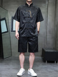 Men's 2Pcs Summer Jacquard Stand Collar Short Sleeve Solid Color Outfits