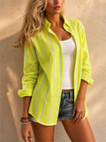 Women Oversized Lime Green Striped Button Down Long Shirt