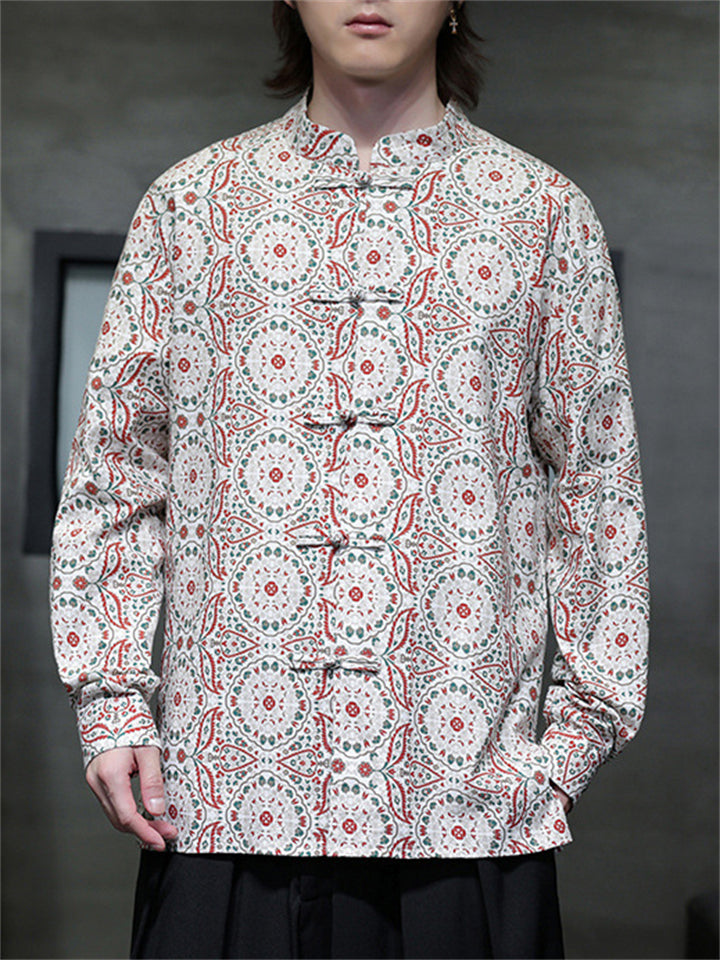Chinese Style Geometric Print Stand Collar Long Sleeve Jackets for Men