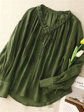 Women's French Style Green  Button Up V Neck Long Sleeve Shirt