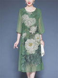 Summer Flower Print O-neck 3/4 Sleeve  A-Line Dress for Women