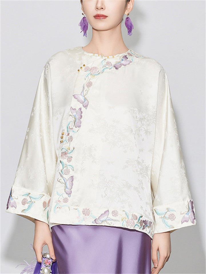 Chinese Style Round Neck Long Sleeve Jacquard Shirt for Women