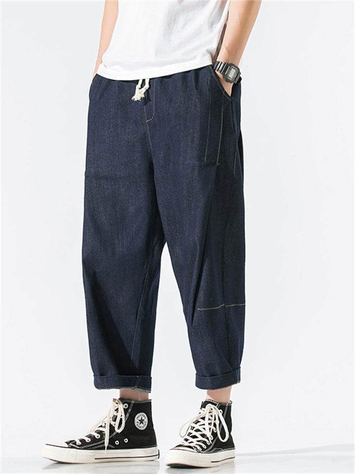 ‌Men's Summer Casual Loose Fit Denim Cropped Pants with Drawstring Waist‌