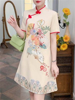Blossom & Handheld Fan Print Female Dresses