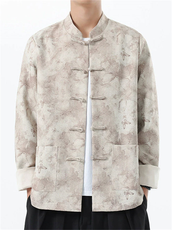 Chinese Style Butterfly Print Stand Collar Jacket Casual Loose Fit for Men
