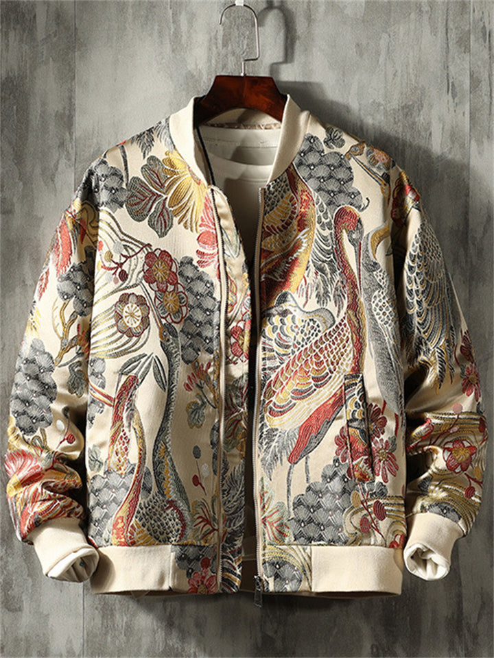 Men's Casual Embroidery Stand collar Long Sleeve Jacket