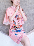 Women's Pink Elegant Phoenix Printed QIPAO Style Knee Length Dress