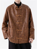Men's Autumn Chinese Style Faux Leather Pockets Frog Button Coats