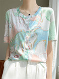 Summer Casual Print Round Neck Button Up T-Shirts for Women