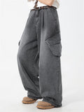 Men's Distressed Solid Color 3D Pockets Wide Leg Straight Jeans
