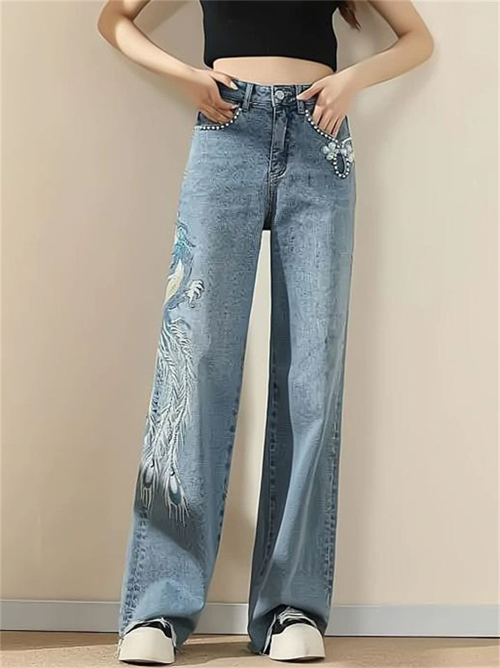 Women's High Waist Peacock Embroidery Denim Pants