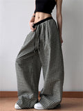 Retro Women's Black and Whiite Plaid Drawstring Wide Leg Straight Pants