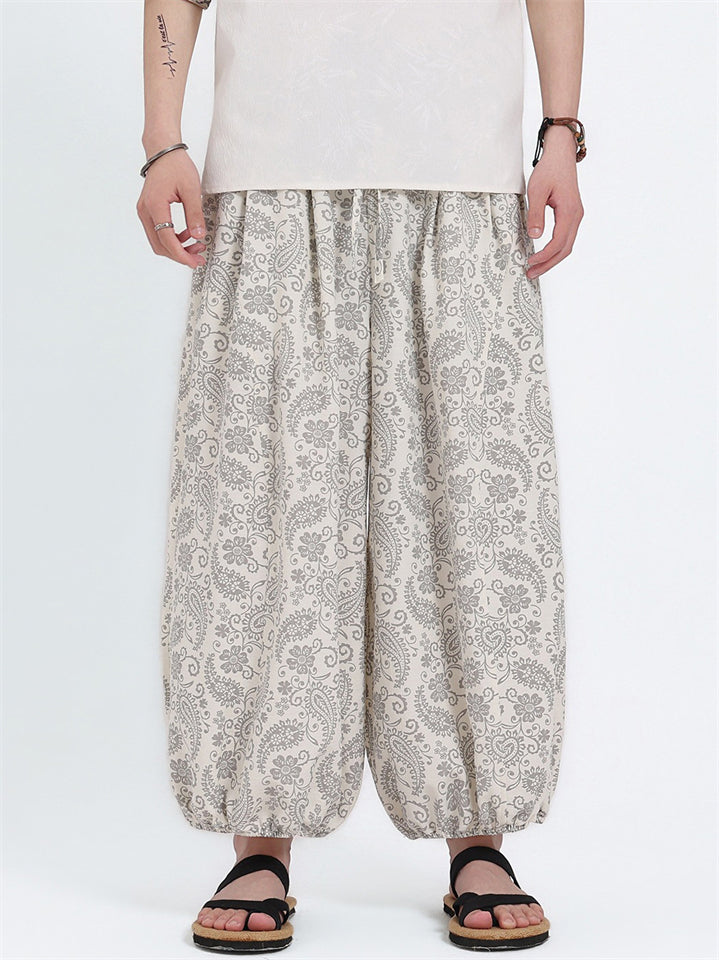 Mens Summer Ice Silk Paisley Print Loose Fit Harem Pants