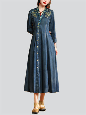 Embroidery V Neck High-Rise Women Pleated Denim Dress