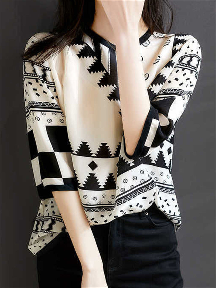 Korean Style Women's Casual O-Neck Print Chiffon Half Sleeve Shirt