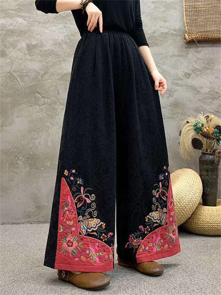 Women's Vintage Ethnic Style Flowers Embroidered Jacquard High Waist Pants