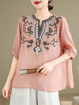 Loose Women's V-Neck Ethnic Style Embroidered Shirts