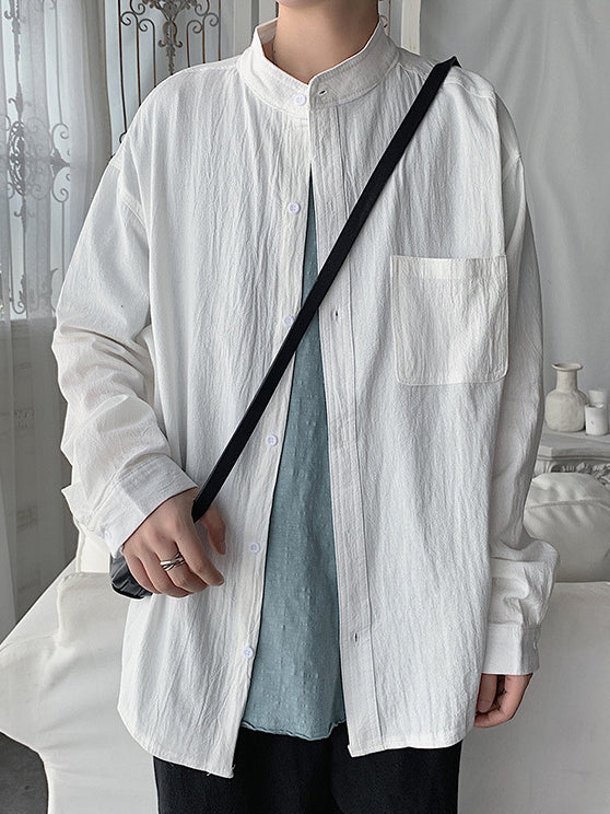 Simple Style Stand Collar Long Sleeve Linen Shirt for Men
