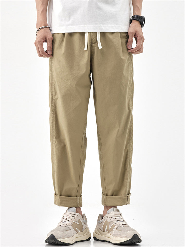Men Japanese Style Drawstring Relaxed Fit Straight Leg Trousers
