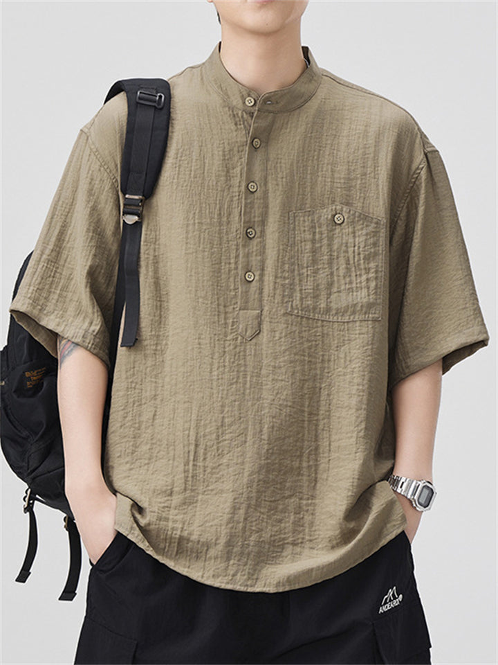 Men's Casual Stand Collar Solid Color Texture Short Sleeve Shirts