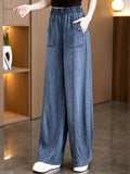 Women Summer Lyocell Wide Leg Baggy Denim Jeans Elastic Waist Loose Pants