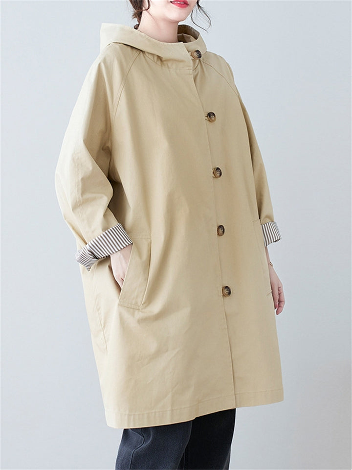 Pure Color Hooded Trench Coats Mid-length Jackets for Women