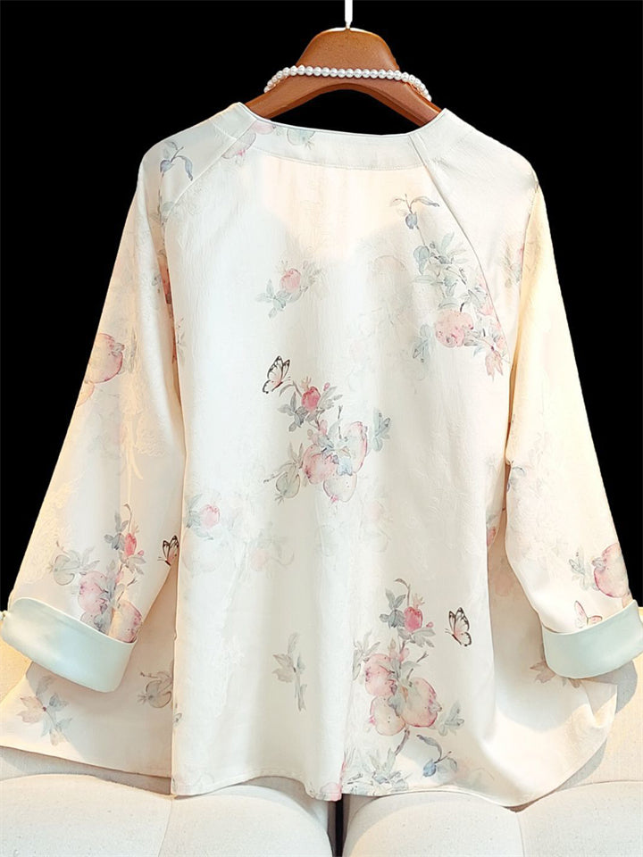 Chinese Vintage Women's O-Neck 3/4 Sleeve Floral Print Shirts