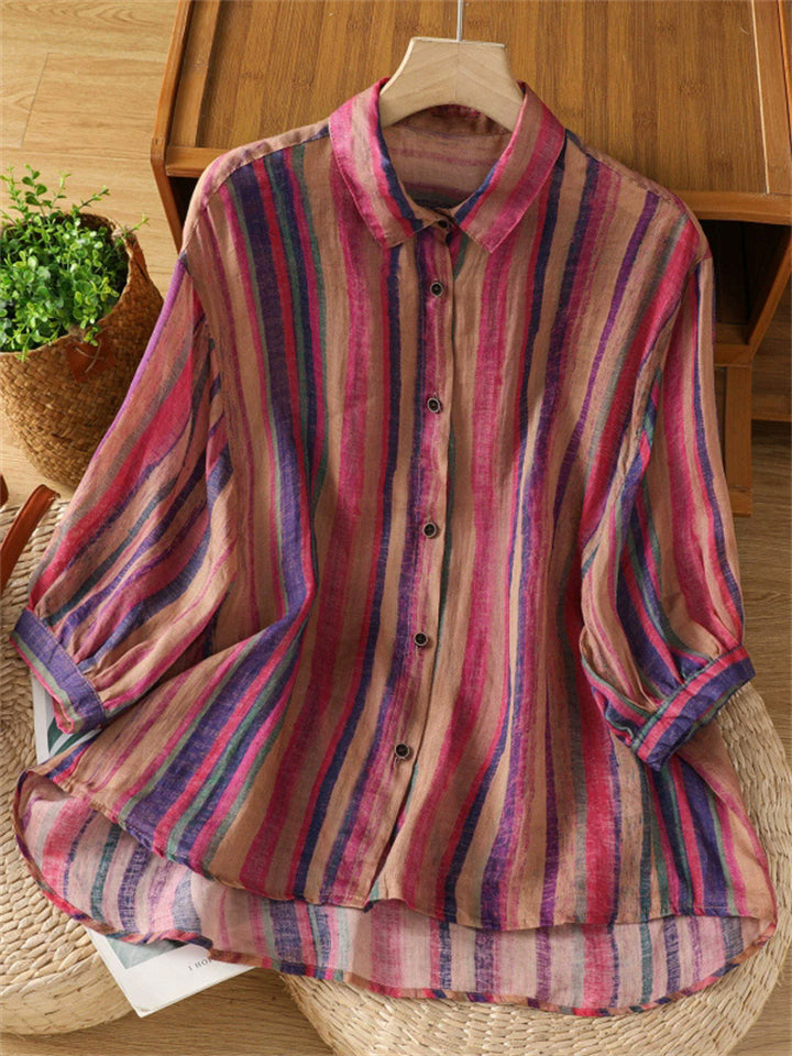 Women's Summer Elegant Retro Striped Button Up Half Sleeve Shirts